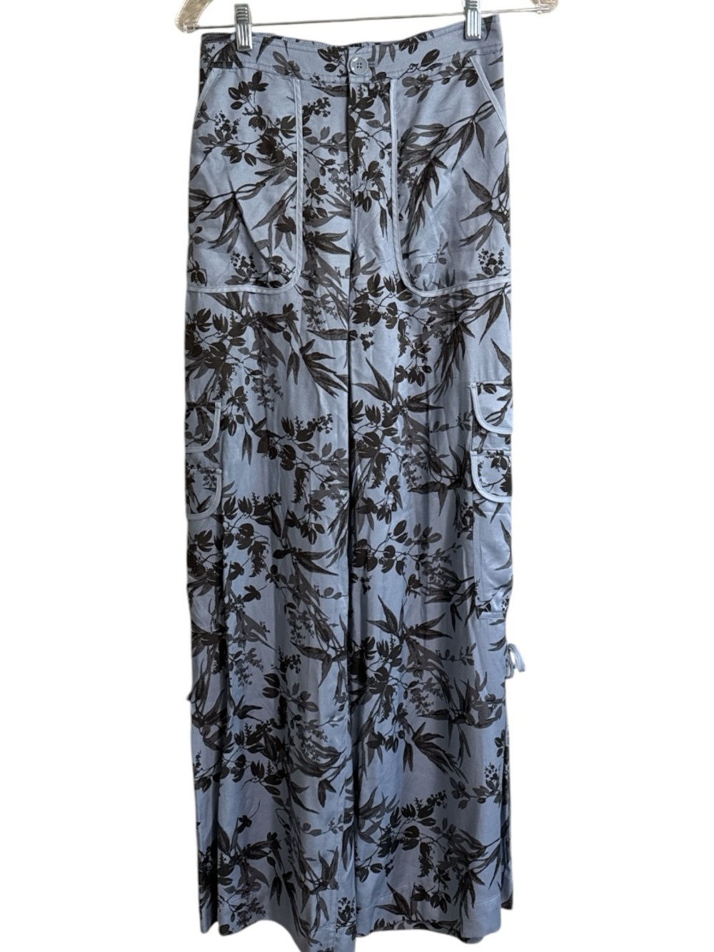 Anthropologie Light Blue wide leg flowy pants with Black Floral Print